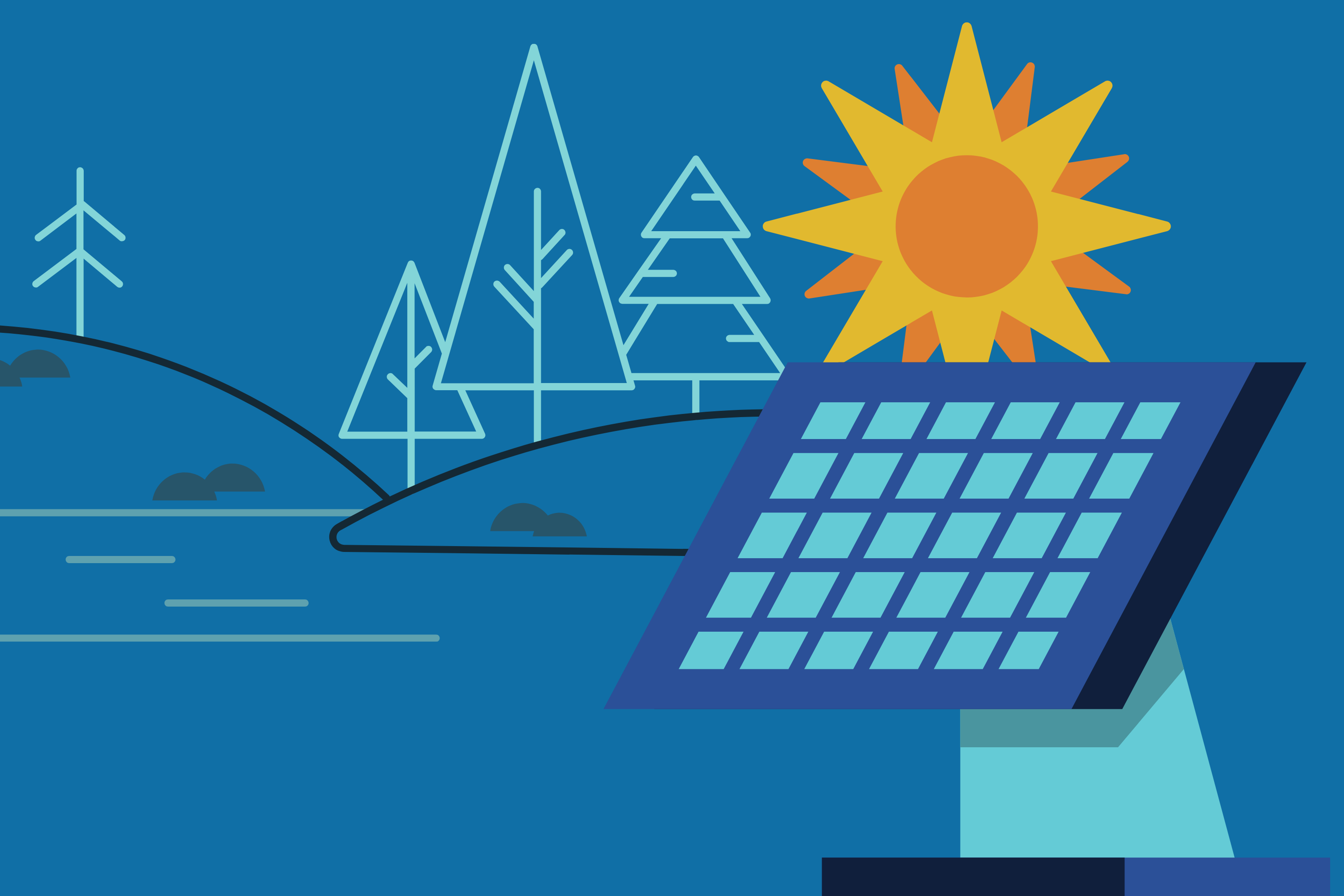 Illustration einer Solaranlage in einer grünen Landschaft mit Windkraft im Hintergrund